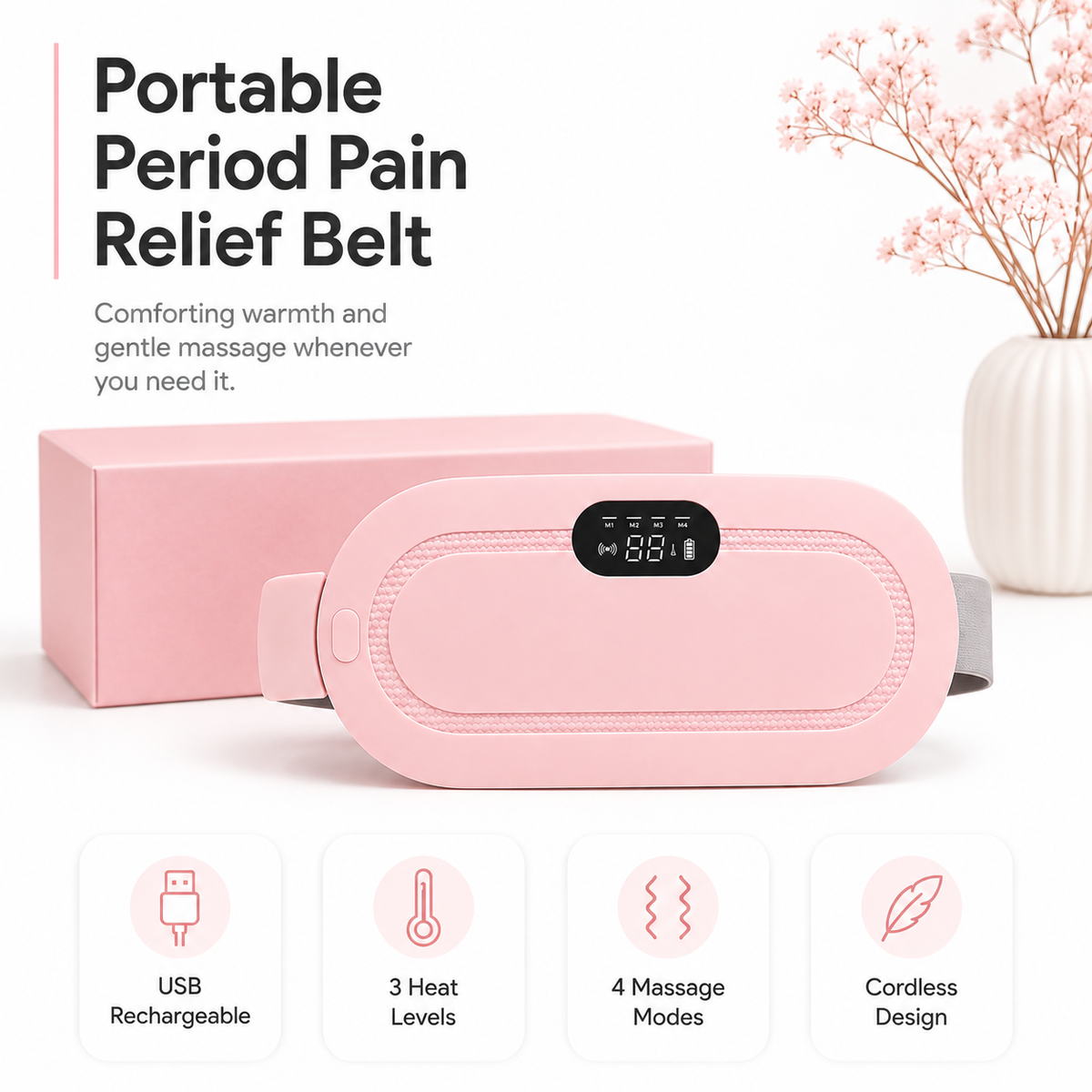 CrestNode Period Relief Heating Belt | Cordless USB Rechargeable Heat & Massage Belt for Women