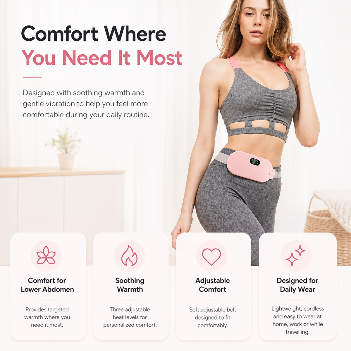 CrestNode Period Relief Heating Belt | Cordless USB Rechargeable Heat & Massage Belt for Women