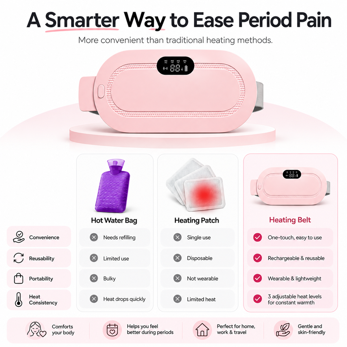 CrestNode Period Relief Heating Belt | Cordless USB Rechargeable Heat & Massage Belt for Women